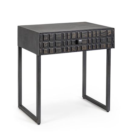 Bedside Table in Steel and Mango Wood of Ethnic Design - Mireo Viadurini