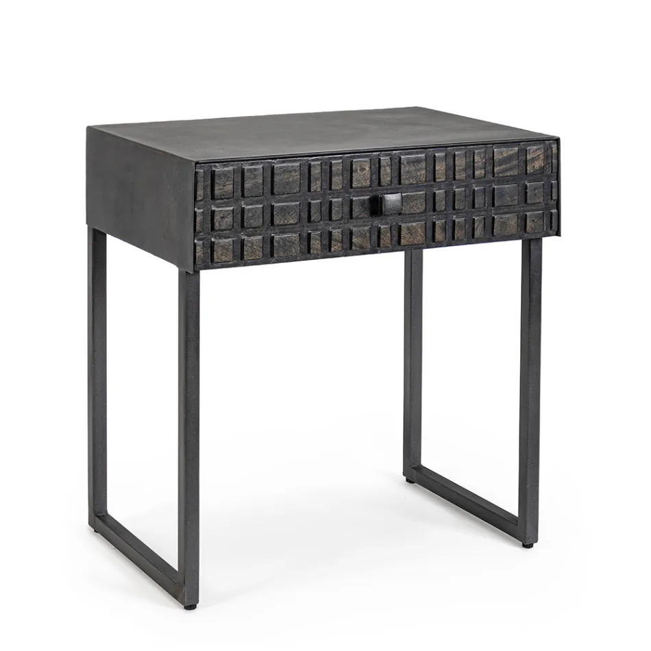 Bedside Table in Steel and Mango Wood of Ethnic Design - Mireo Viadurini