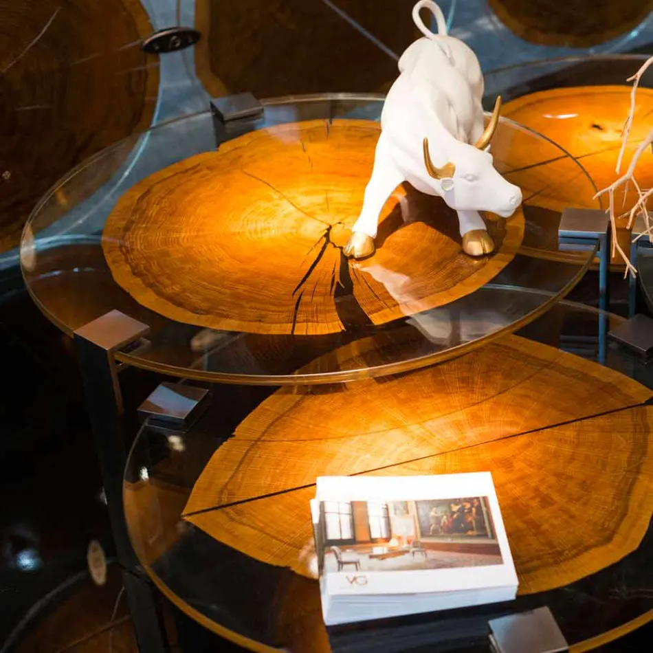 Modern high coffee table with glass top and Bigo wood 1 Viadurini