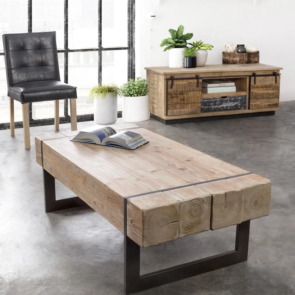 Coffee Table for the Lounge in Fir Wood and Steel - Ilenia Viadurini