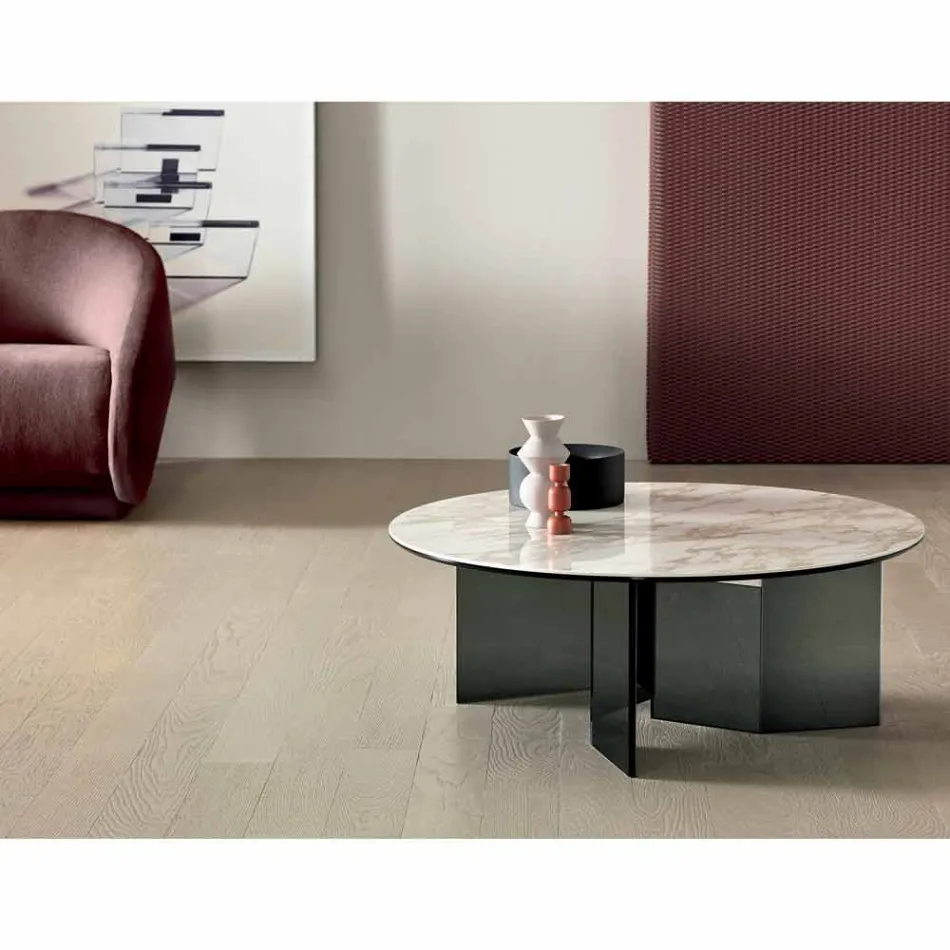 Round Coffee Table with Ceramic Top and Smoked Glass Legs - Random Viadurini