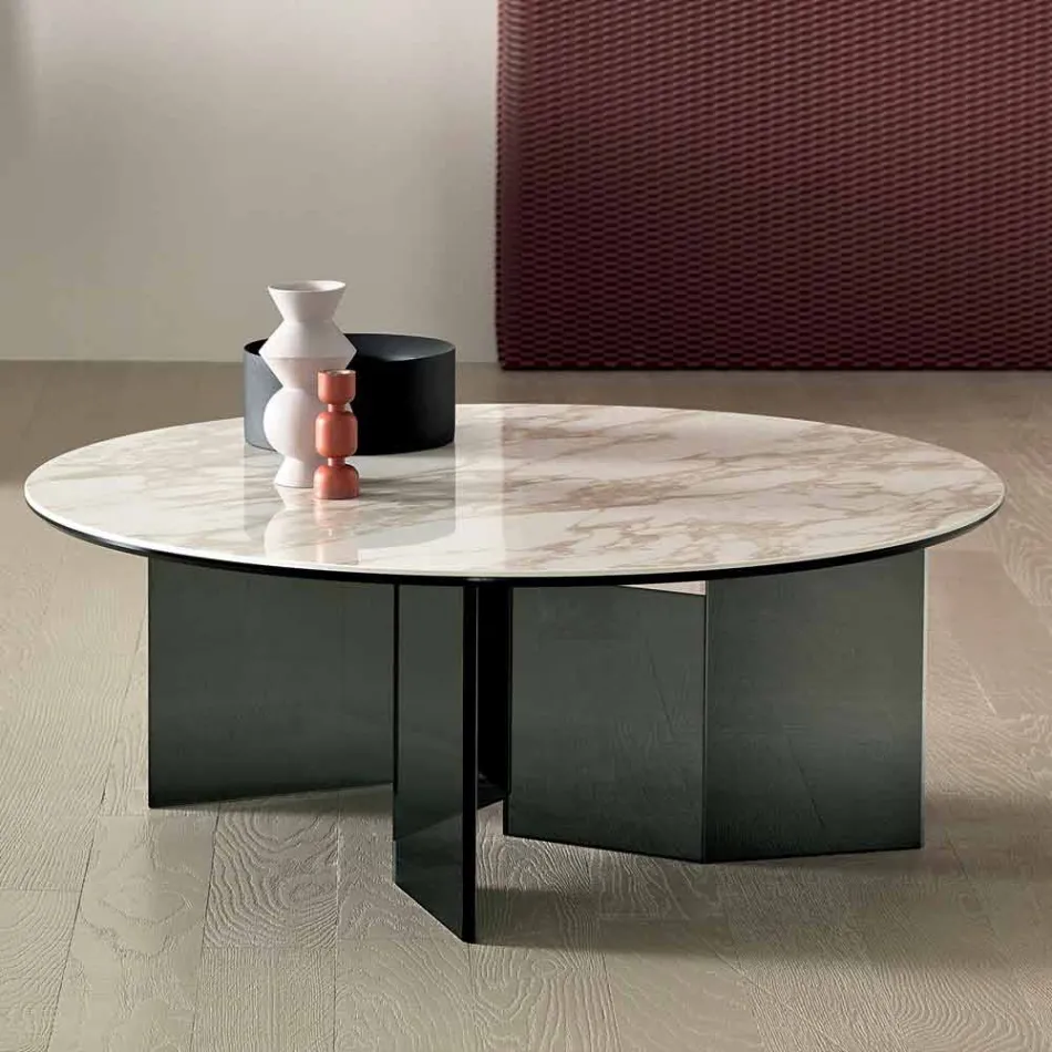 Round Coffee Table with Ceramic Top and Smoked Glass Legs - Random Viadurini