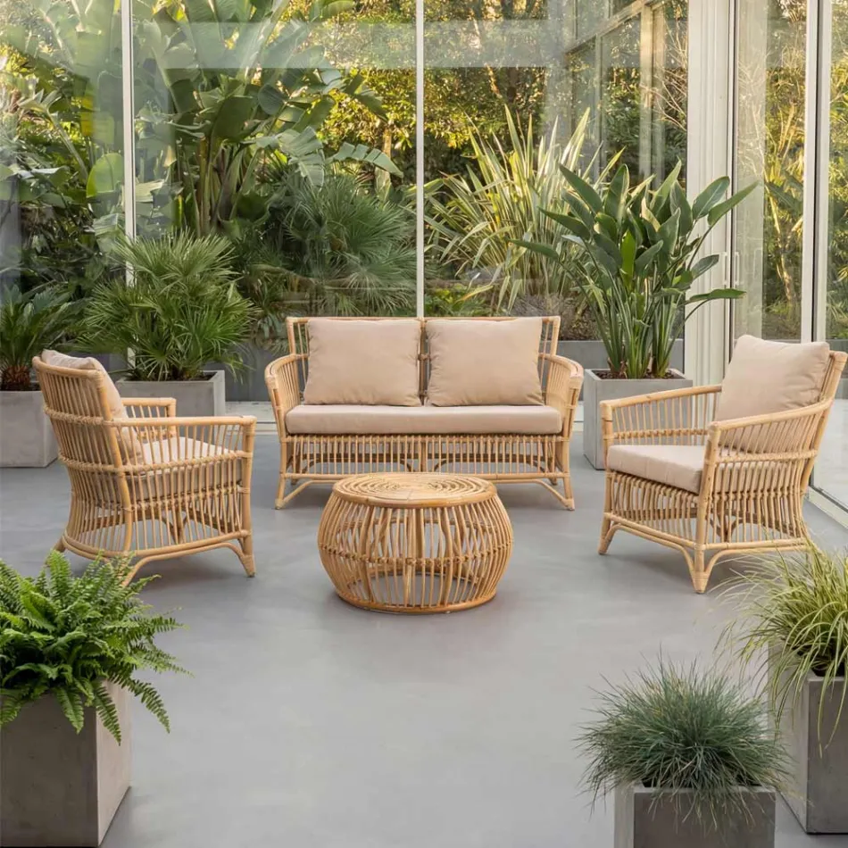 Outdoor Coffee Table in Natural Rattan Woven Completely by Hand - Bellaria Viadurini