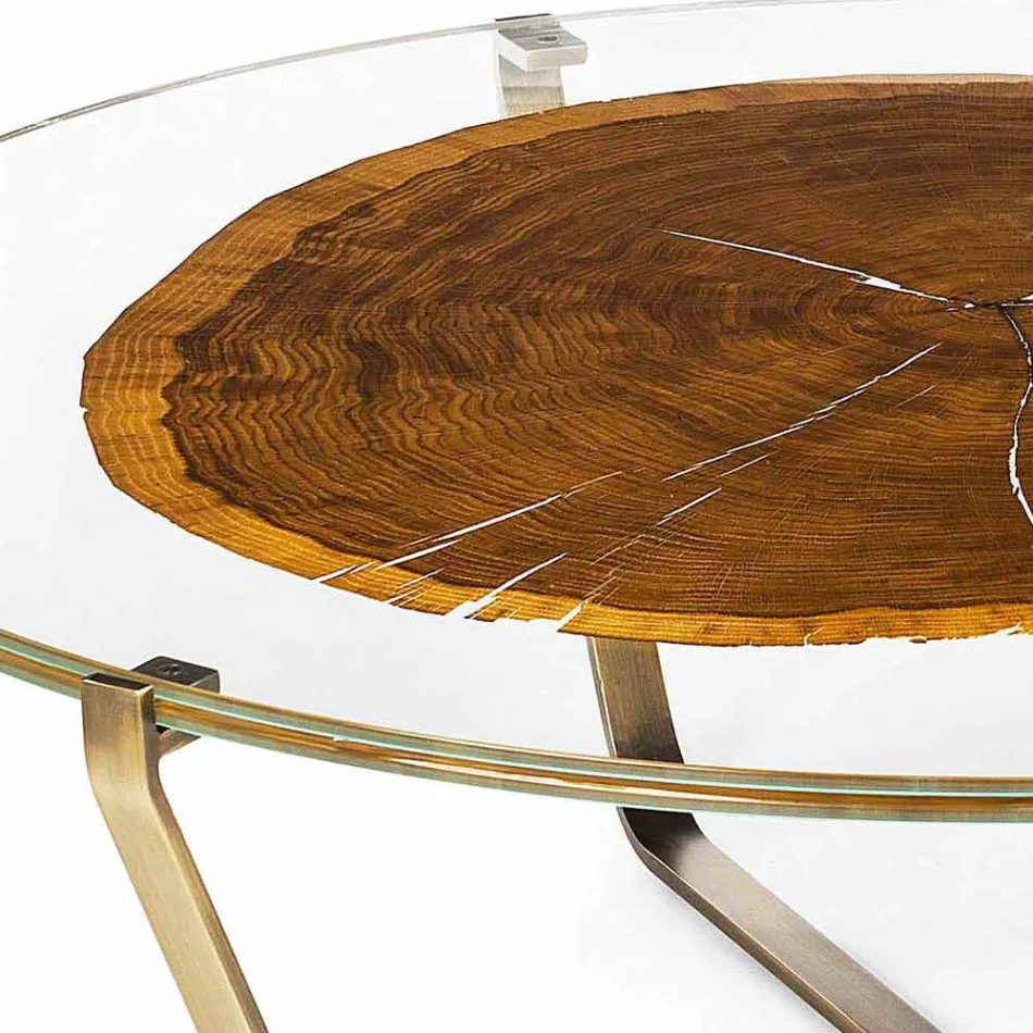 Coffee Table with Round Glass and Wood Top Made in Italy - Baviera Viadurini