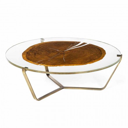 Coffee Table with Round Glass and Wood Top Made in Italy - Baviera Viadurini