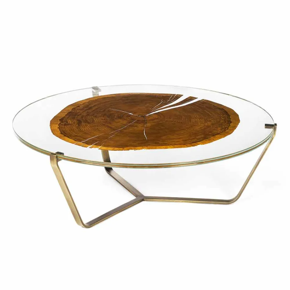 Coffee Table with Round Glass and Wood Top Made in Italy - Baviera Viadurini