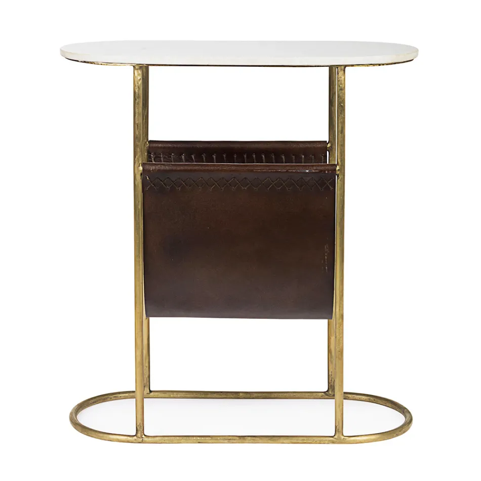 Coffee Table in Steel and Marble with Leather Magazine Rack - Aretone Viadurini