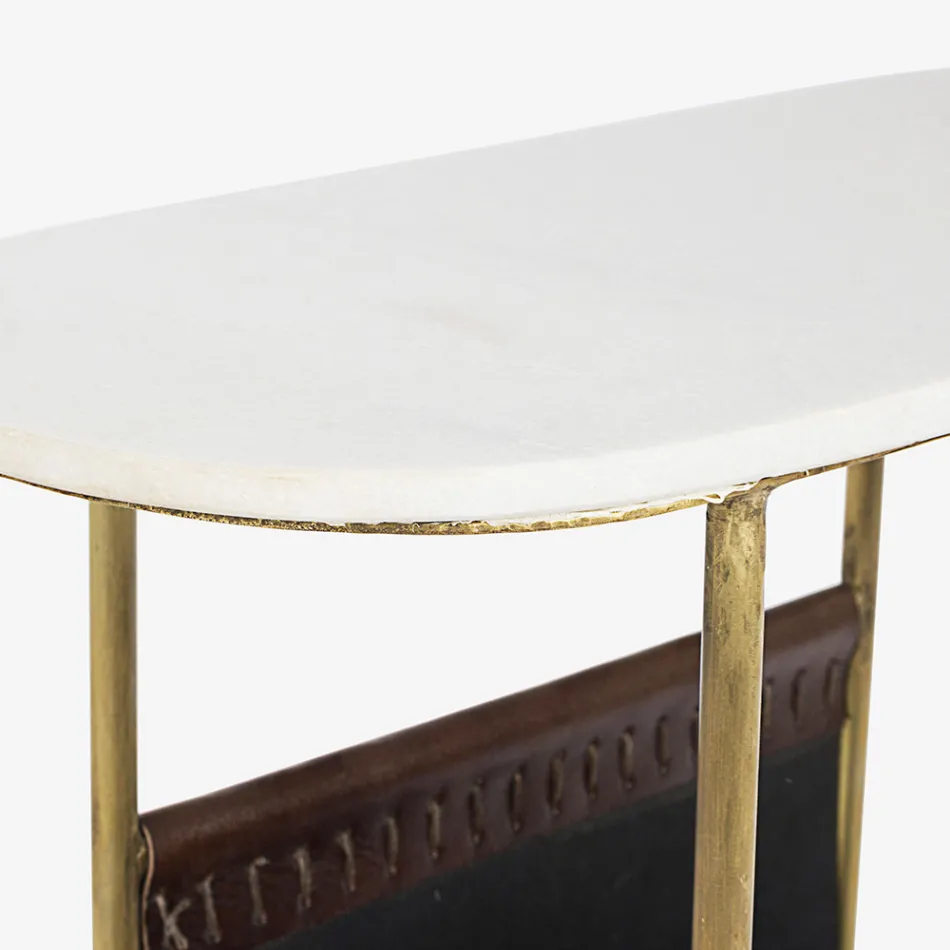 Coffee Table in Steel and Marble with Leather Magazine Rack - Aretone Viadurini