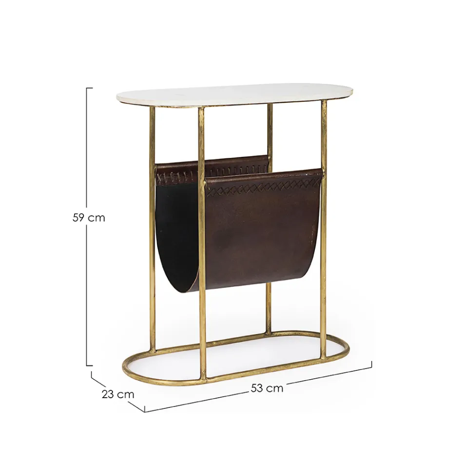 Coffee Table in Steel and Marble with Leather Magazine Rack - Aretone Viadurini