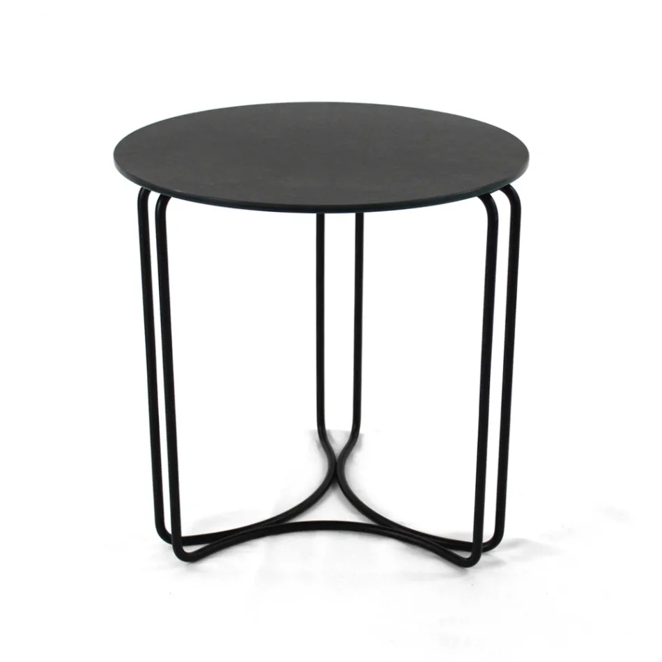 Coffee Table in Round Stoneware and Base with 3 Crescents Made in Italy - Arepa Viadurini