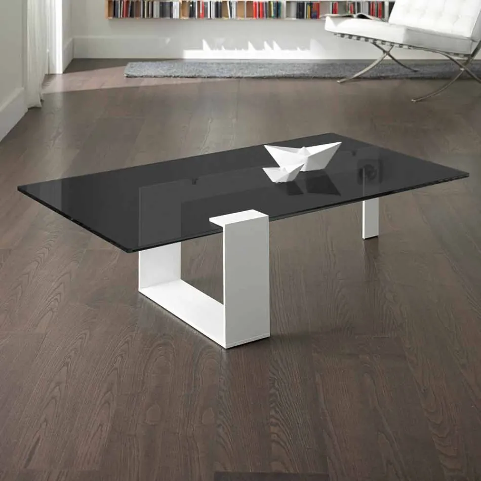 Modern Coffee Table with Smoked Glass Top and Metal Base Made in Italy - Scoby Viadurini