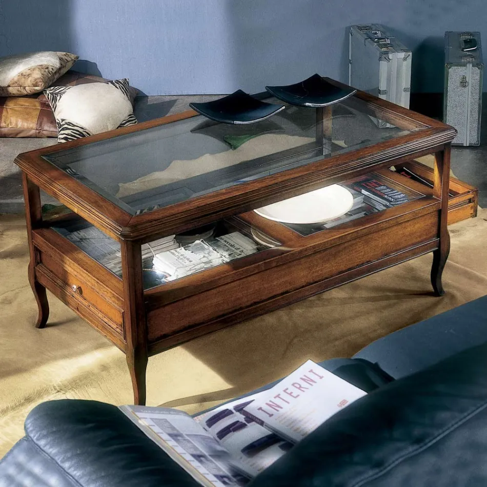 Lounge coffee table with glass top and 2 drawers Made in Italy - Xipe Viadurini