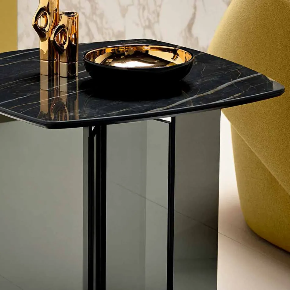 Sofa Side Table for Lounge with Ceramic Top and Smoked Glass - Random Viadurini