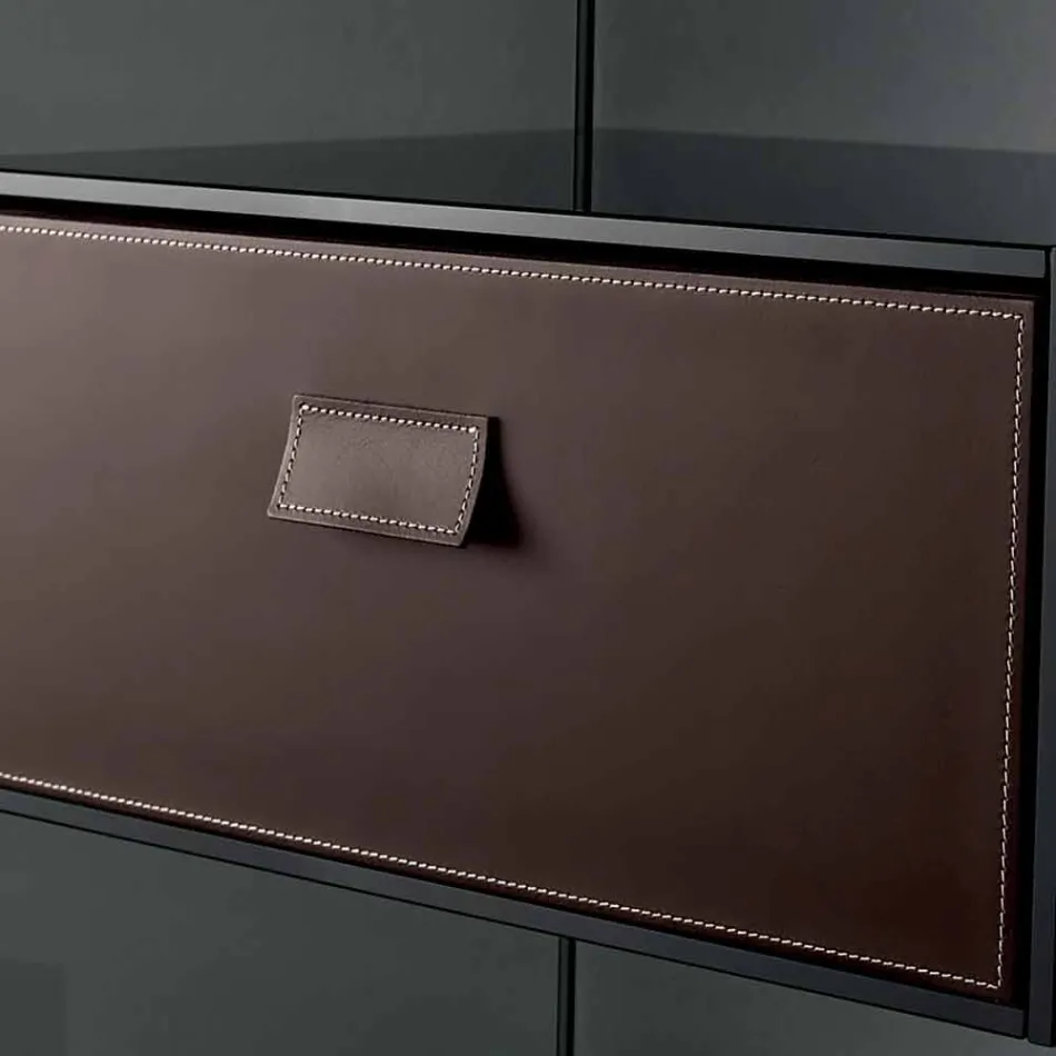 Sofa Side Table or Bedside Table in Smoked Glass with Leather Drawer - Linzy Viadurini