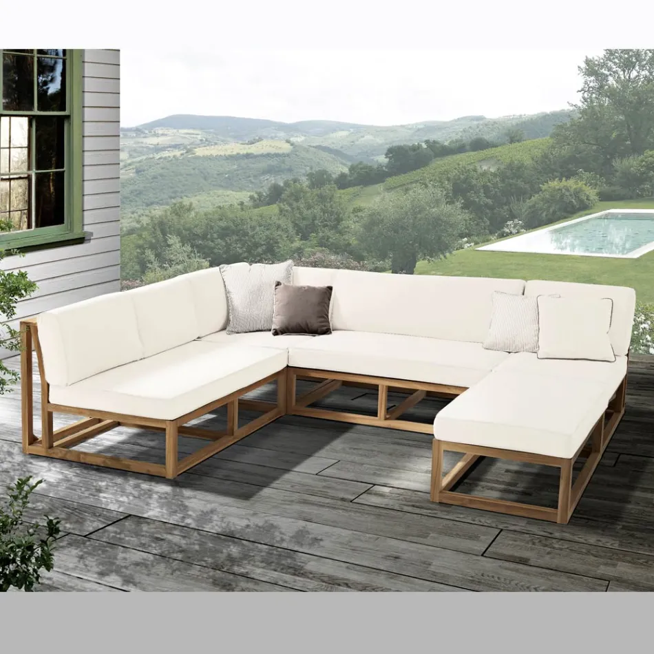 Outdoor Coffee Table or Pouf in Natural Teak and Cushions - Circe Viadurini