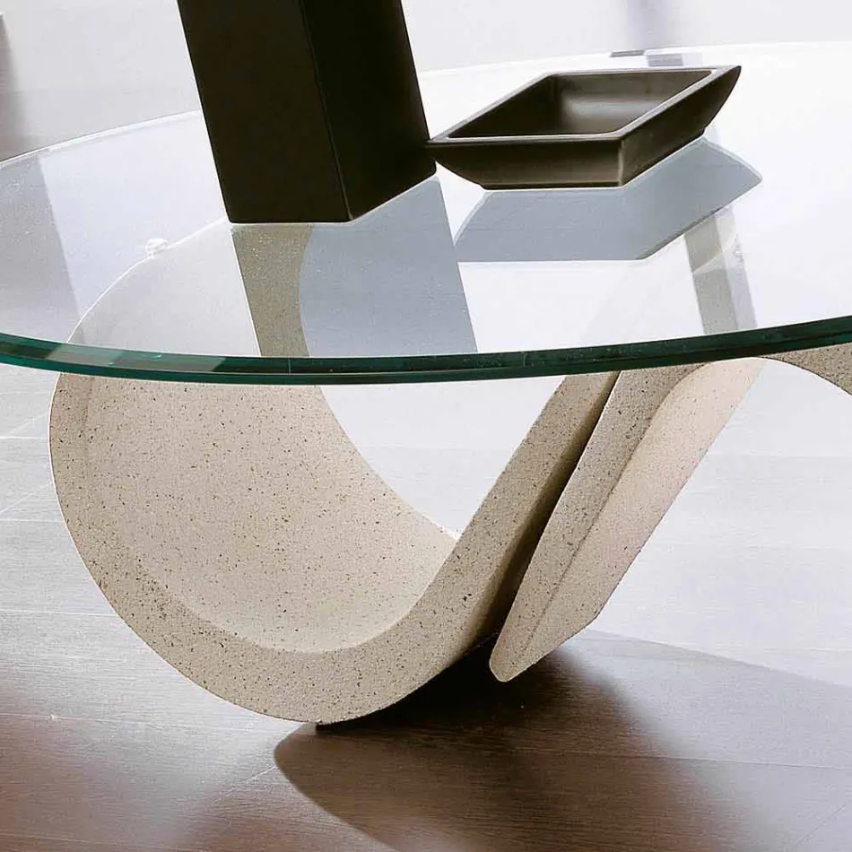 Oval Coffee Table in Beveled Glass and Synthetic Marble Made in Italy - Barbera Viadurini