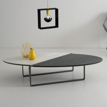 Oval Lounge Metal Coffee Table and Two-Tone Ceramic Top - Comacchio Viadurini