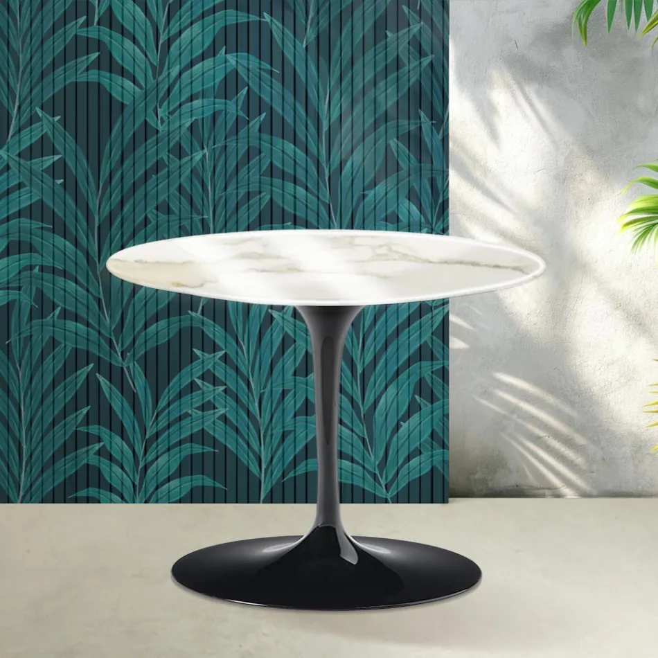 Saarinen Tulip Round Coffee Table H 41 cm in Glossy Calacatta Gold Florim Ceramic - Scarlet Viadurini
