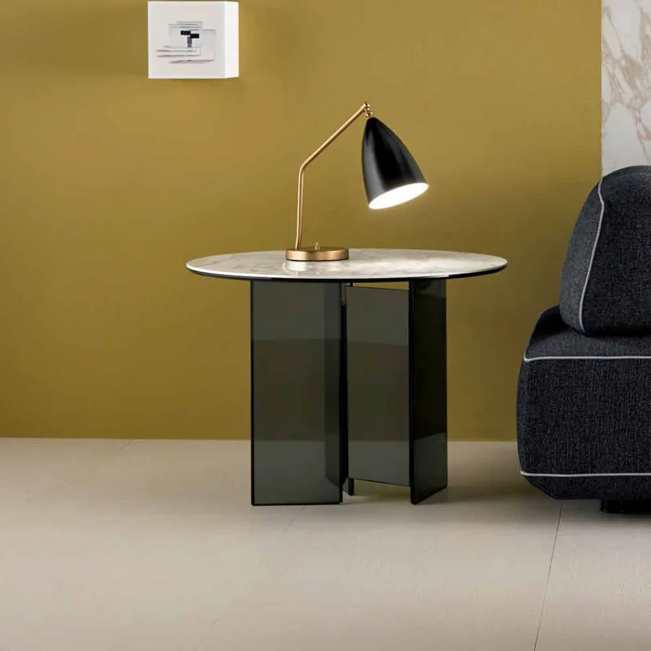 Sofa Side Coffee Table in Smoked Glass and Round Ceramic Top - Random Viadurini