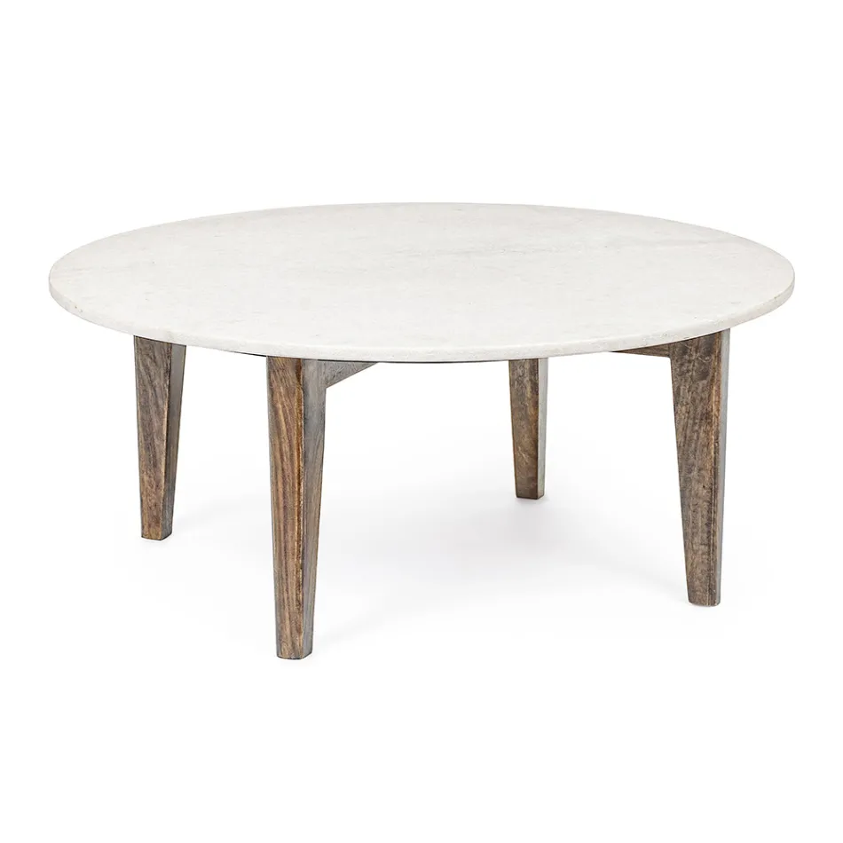 Round Coffee Table for Lounge in Marble and Mango Wood - Desiderio Viadurini