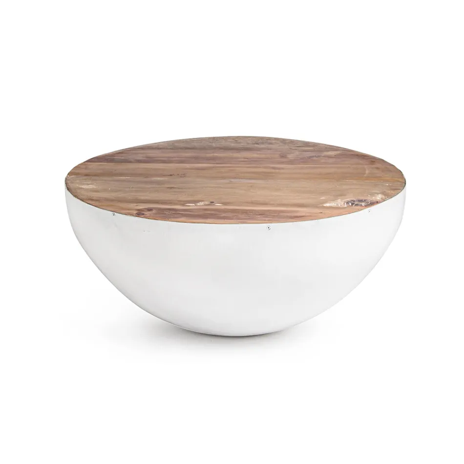 Round Coffee Table in Recycled Wood and Steel White or Grey - Genoveffa Viadurini