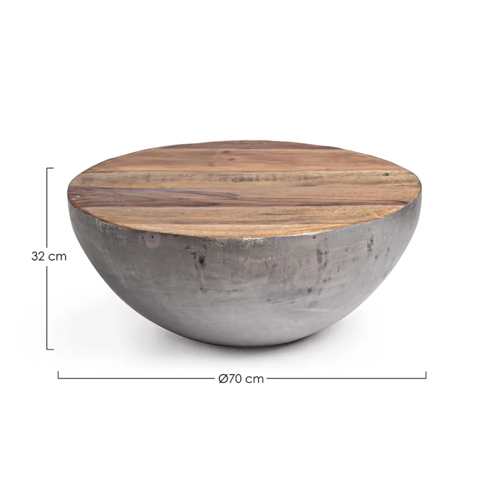 Round Coffee Table in Recycled Wood and Steel White or Grey - Genoveffa Viadurini