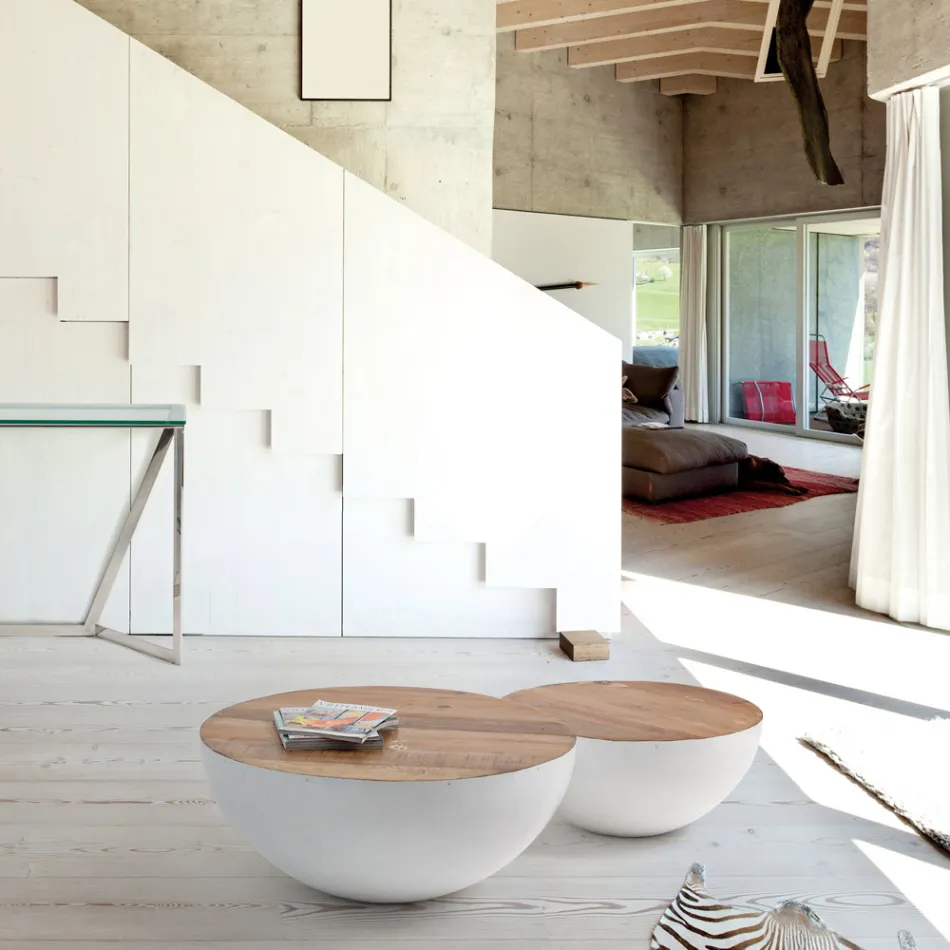 Round Coffee Table in Recycled Wood and Steel White or Grey - Genoveffa Viadurini