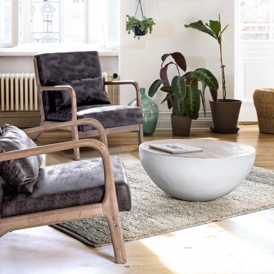 Round Coffee Table in Recycled Wood and Steel White or Grey - Genoveffa Viadurini