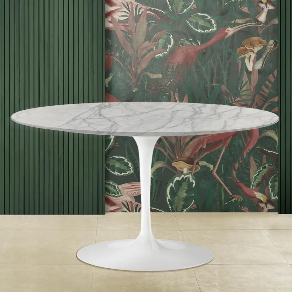 Tulip Coffee Table Eero Saarinen H 41 with Oval Top in Carrara Statuarietto Marble Viadurini