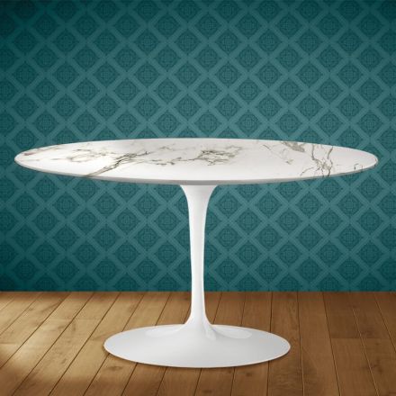Eero Saarinen H 41 Oval Tulip Coffee Table in Aura 22 Ceramic Made in Italy - Scarlet Viadurini