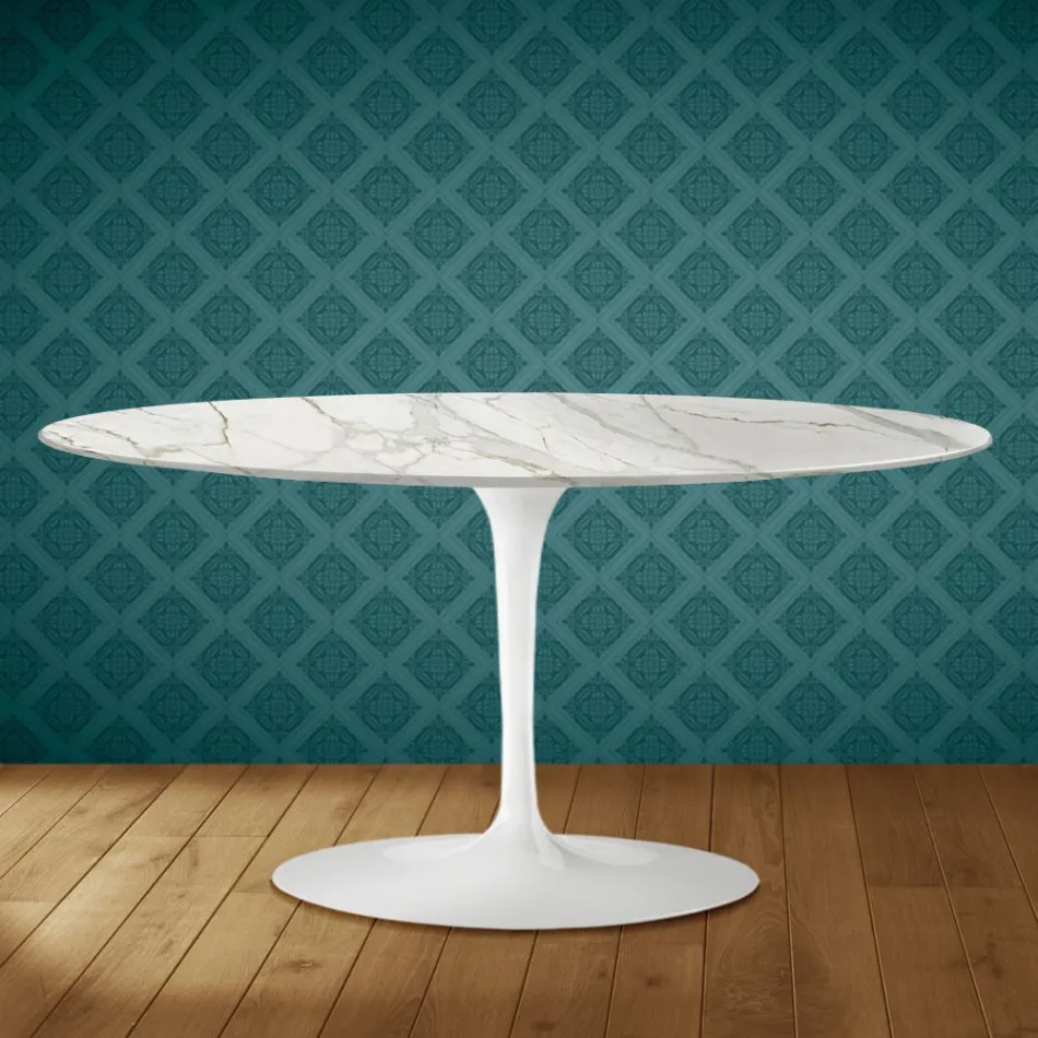 Saarinen Tulip Coffee Table, Oval, H 41 cm, Glossy Ceramic, Made in Italy - Scarlet Viadurini