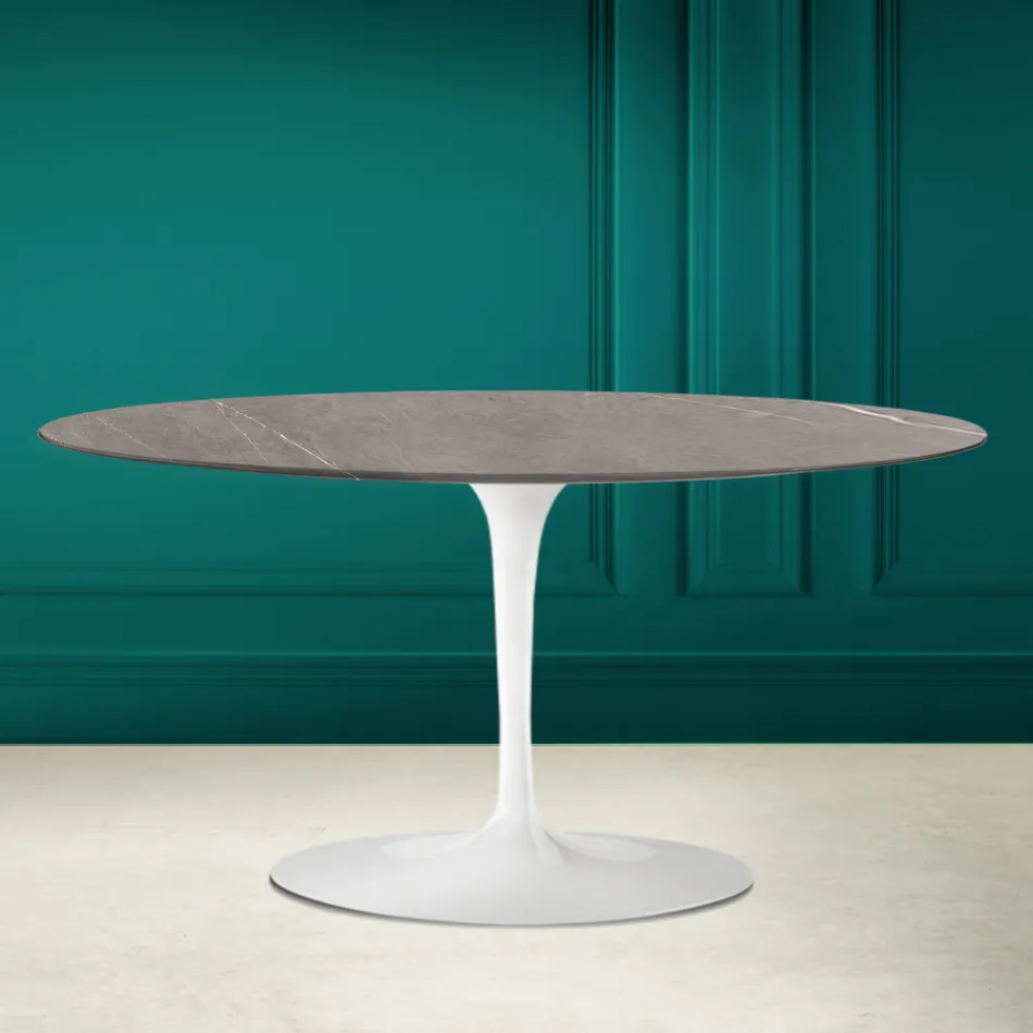 Tulip Saarinen Oval Coffee Table H 41 in Grey Stone Ceramic Made in Italy - Scarlet Viadurini