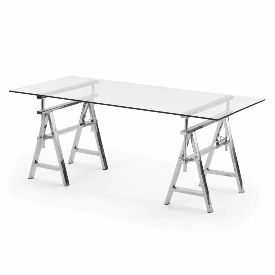 Height adjustable steel / glass table (L190xH72 / 74 / 78xP90cm) Cristal Viadurini