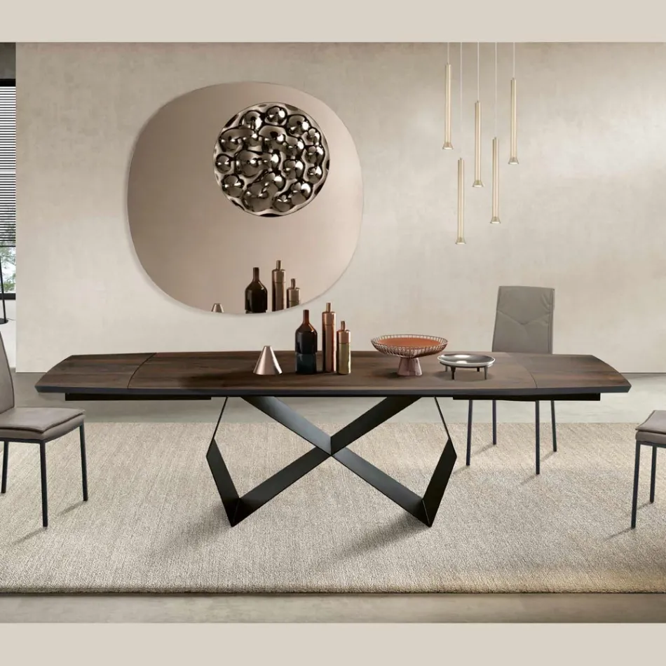 Extendable Table 200/300x100 in Oak Veneer and Metal - Cross Viadurini