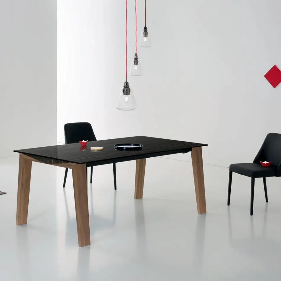 Extendable Table to 2.4 m in Solid Wood and Ceramic Top - Antares Viadurini