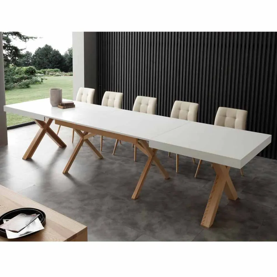 White extendable table with Rico natural solid wood frame Viadurini