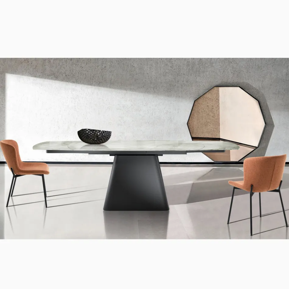Extendable Table with Steel Base and Ceramic Top in Marble Finish - Emilia  Viadurini