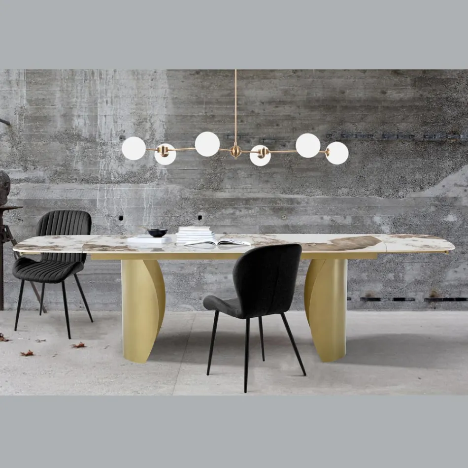 Extendable Table with Metal Base and Ceramic Top in Marble Finish - Lombo  Viadurini