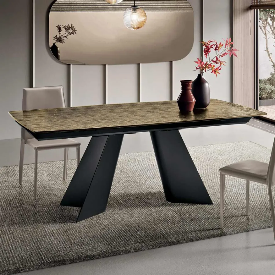 Extendable Table with Metal Base and Ribbed Glass Top Made in Italy - Lumo Viadurini