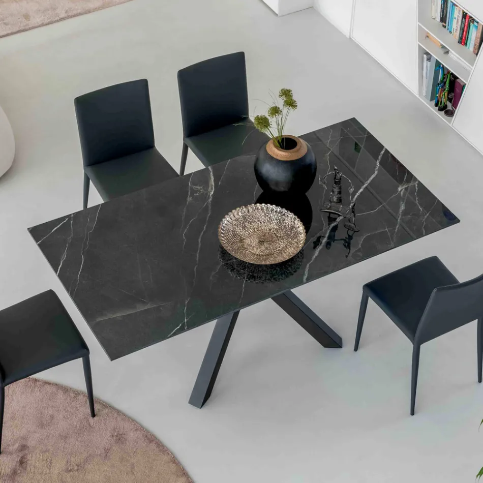 Extendable Table in Polished Calacatta Black Ceramic Starlit - Balia Viadurini
