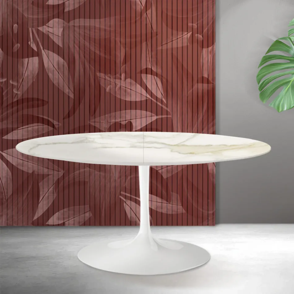 Saarinen Tulip Extendable Table H 74 cm in Florim Calacatta Gold Matt Ceramic - Scarlet Viadurini