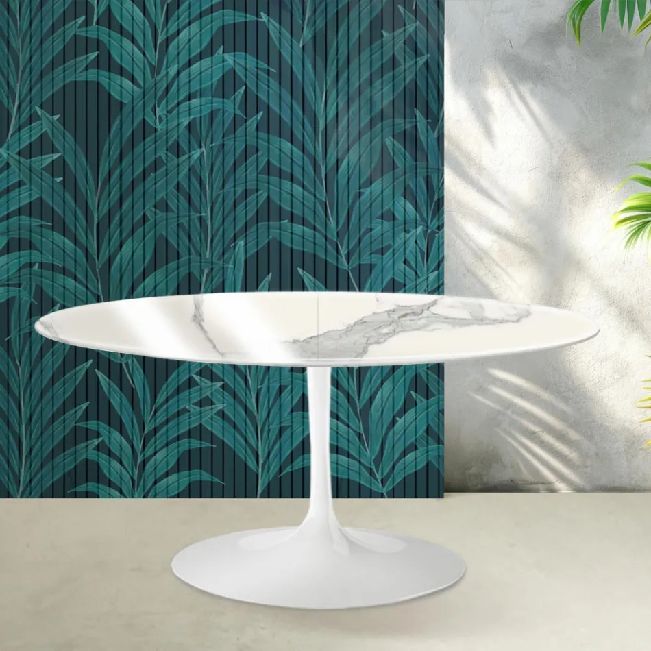 Saarinen Tulip Extendable Table H 74 cm in Glossy Statuario Florim Ceramic - Scarlet Viadurini