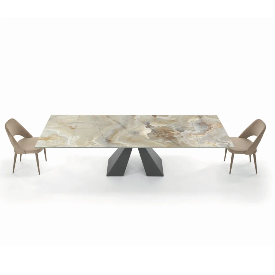 Table with Integrated Extensions and Mink Steel Base Made in Italy - Dalmatian Viadurini