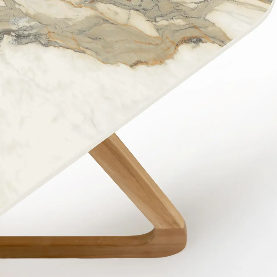 Table with Wooden Base and Ceramic Top Calacatta Hermitage - Infinity Viadurini