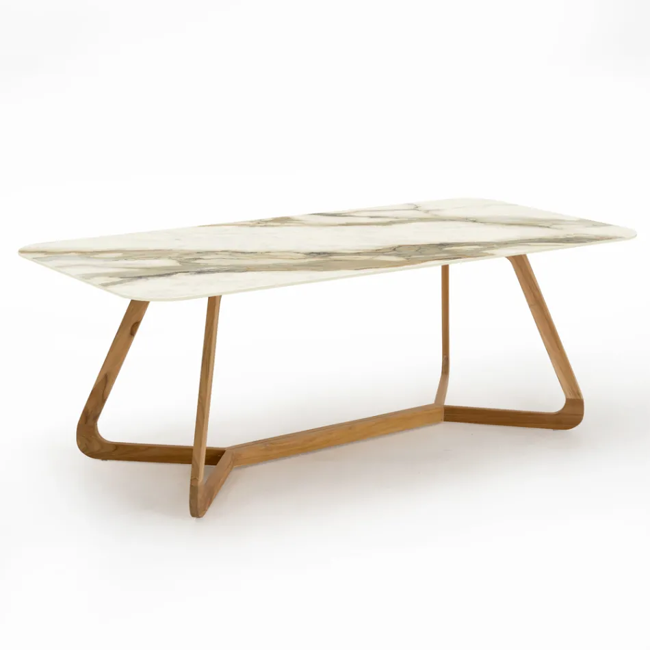Table with Wooden Base and Ceramic Top Calacatta Hermitage - Infinity Viadurini