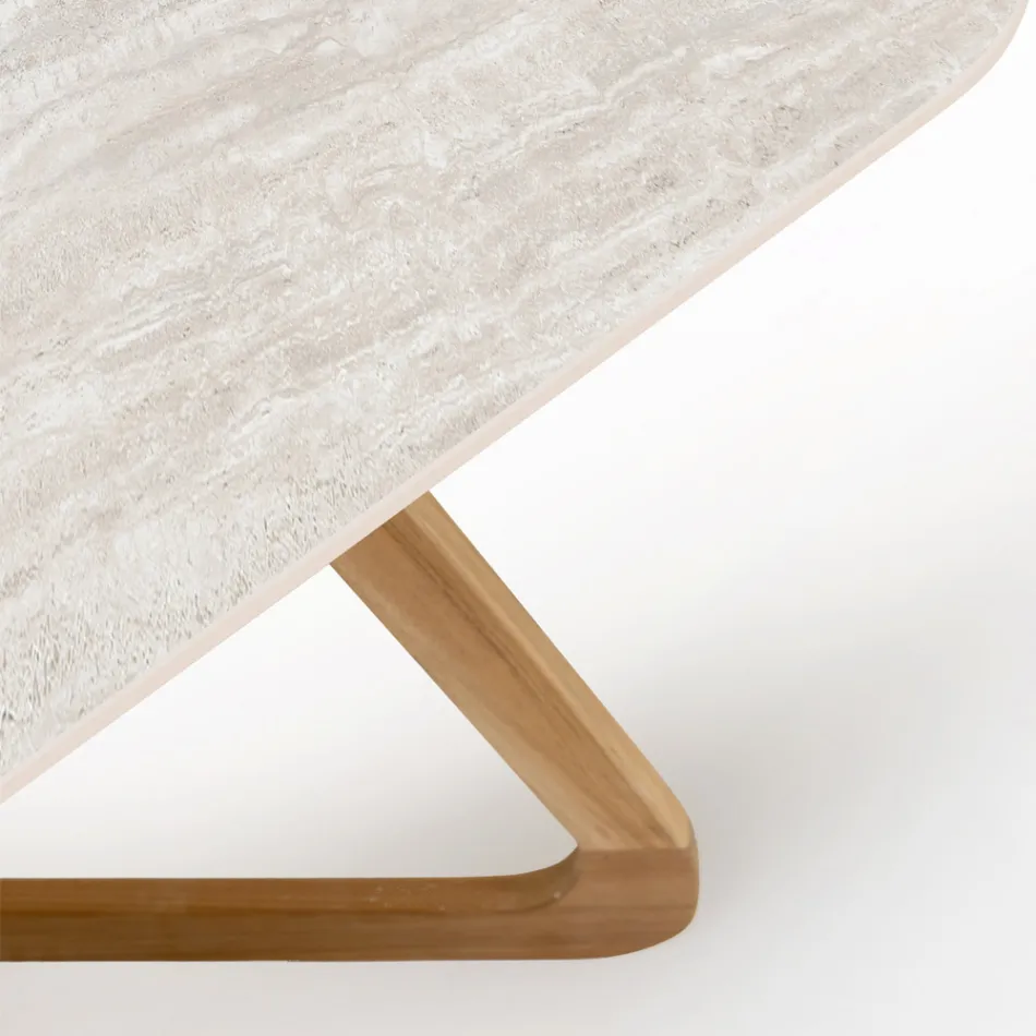 Table with Wooden Base and Light Travertine Ceramic Top - Infinity Viadurini