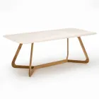 Table with Wooden Base and Light Travertine Ceramic Top - Infinity Viadurini