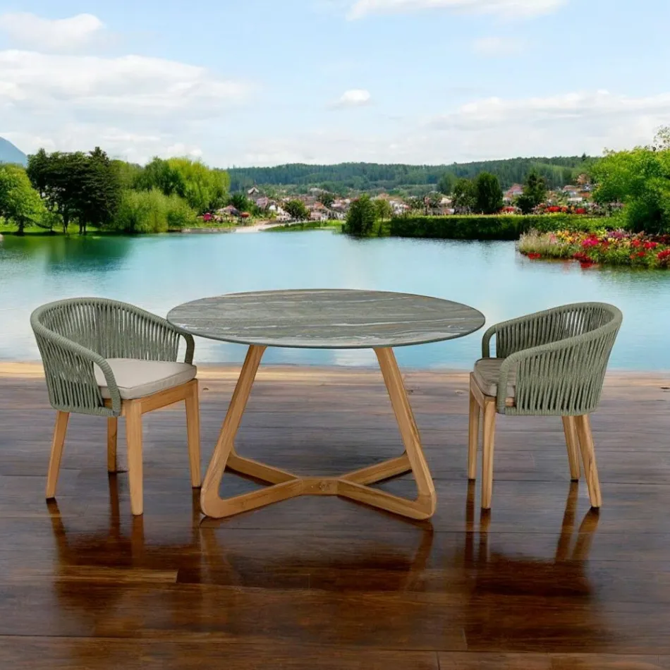 Table with Ceramic Top and Teak Base Made in Italy - Helmet Viadurini