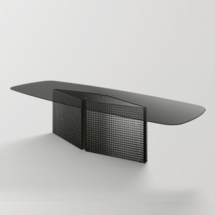 Table with shaped glass top and fused glass and metal base - Foglietto Viadurini