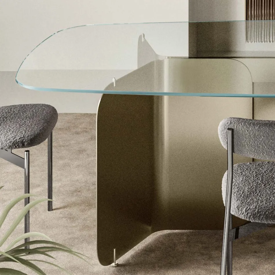Table with shaped glass top and curved metal base - Piacere Viadurini